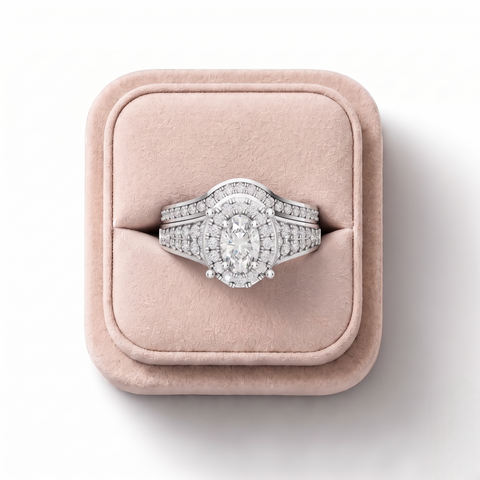 1.12 Ct Oval Halo Pavé Band Ring