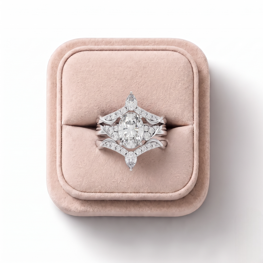 2.15 Ct Oval Halo Chevron Ring Set 1.5 Ct Center