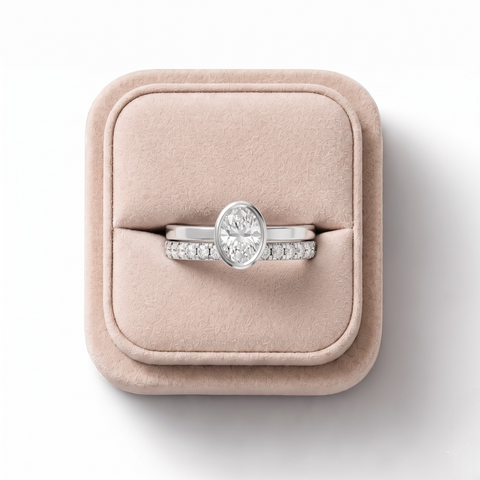 0.80 Ct Oval Bezel Lab Grown Diamond Bridal Ring Set