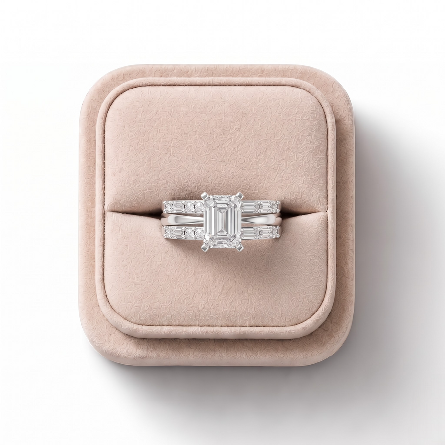 1.50 Ct Emerald Cut Lab Diamond Ring Double Band Baguette Pavé 1.00 Ct Center