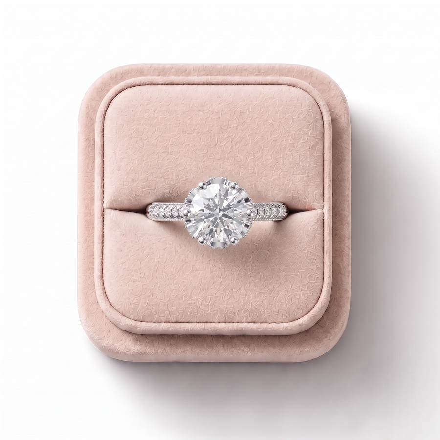 1.41 Ct Round Hidden Halo With Side Stone Ring 1.00 Ct Center
