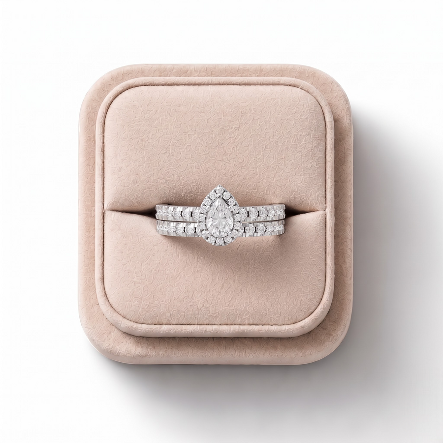 1.02 Ct Pear Halo Lab Diamond Double Band Ring Set