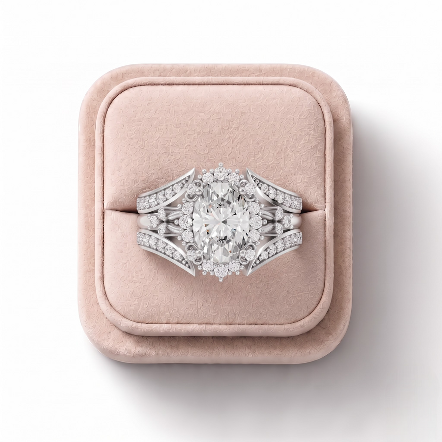 1.36 Ct Oval Halo With Side Band Set 1.00 Ct Center