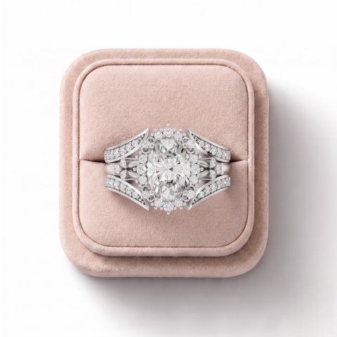 1.36 Ct Oval Halo With Side Band Set 1.00 Ct Center