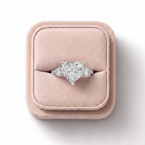 6.05 Ct Heart Lab Diamond Three Stone Ring with Hidden Halo 5.00 Ct Center