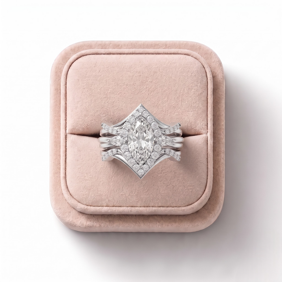 1.37 Ct Marquise Halo With Side Stone Band 1.00 Ct Center