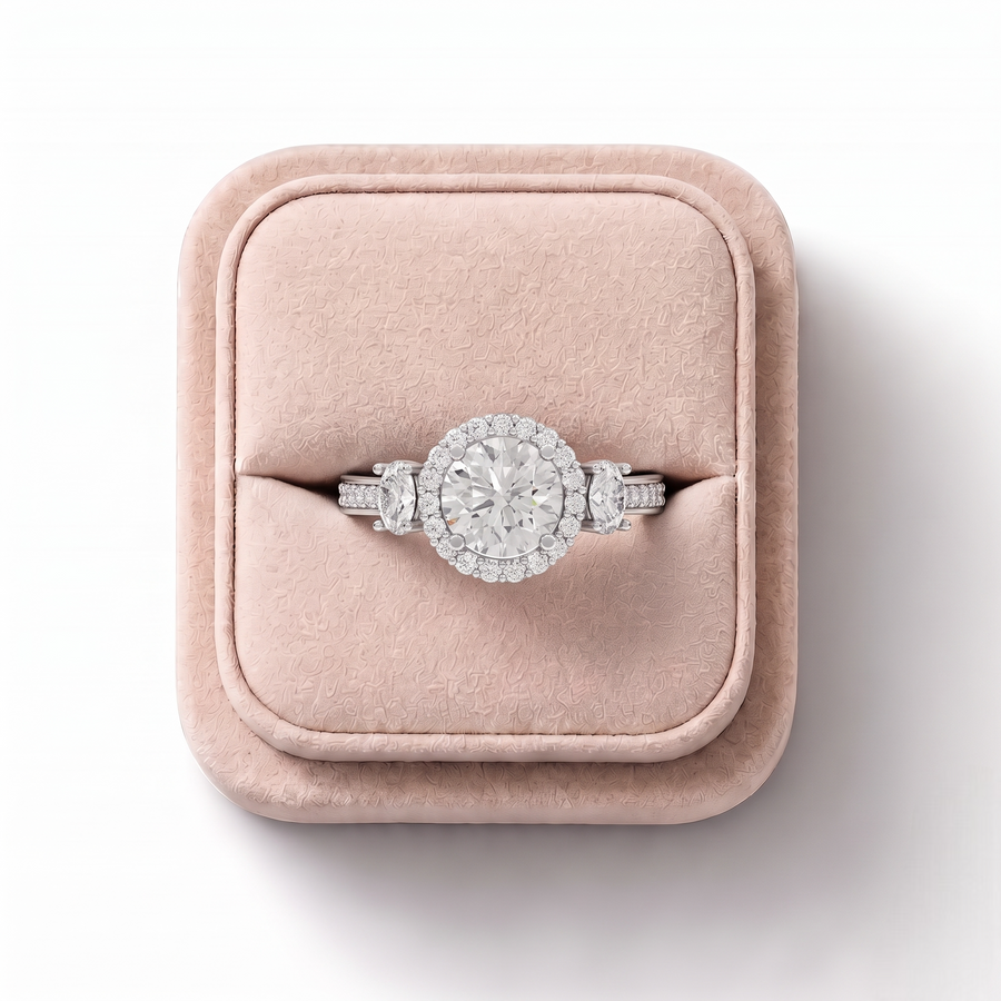 1.48 Ct Round Halo With Side Stone Ring 1.00 Ct Center