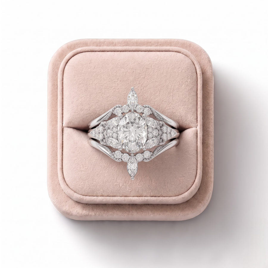 1.04 Ct Oval Halo With Side Stone Band 0.75 Ct Center