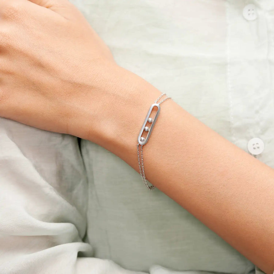 Model wearing oval sphere bracelet