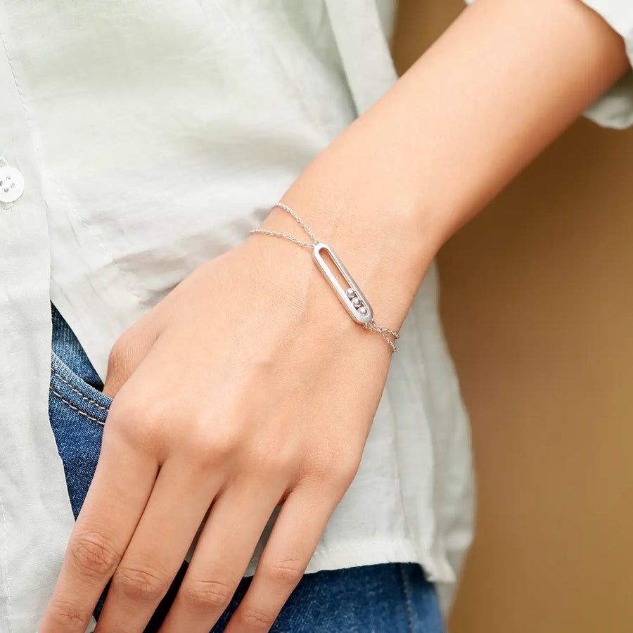 Model wearing oval sphere bracelet