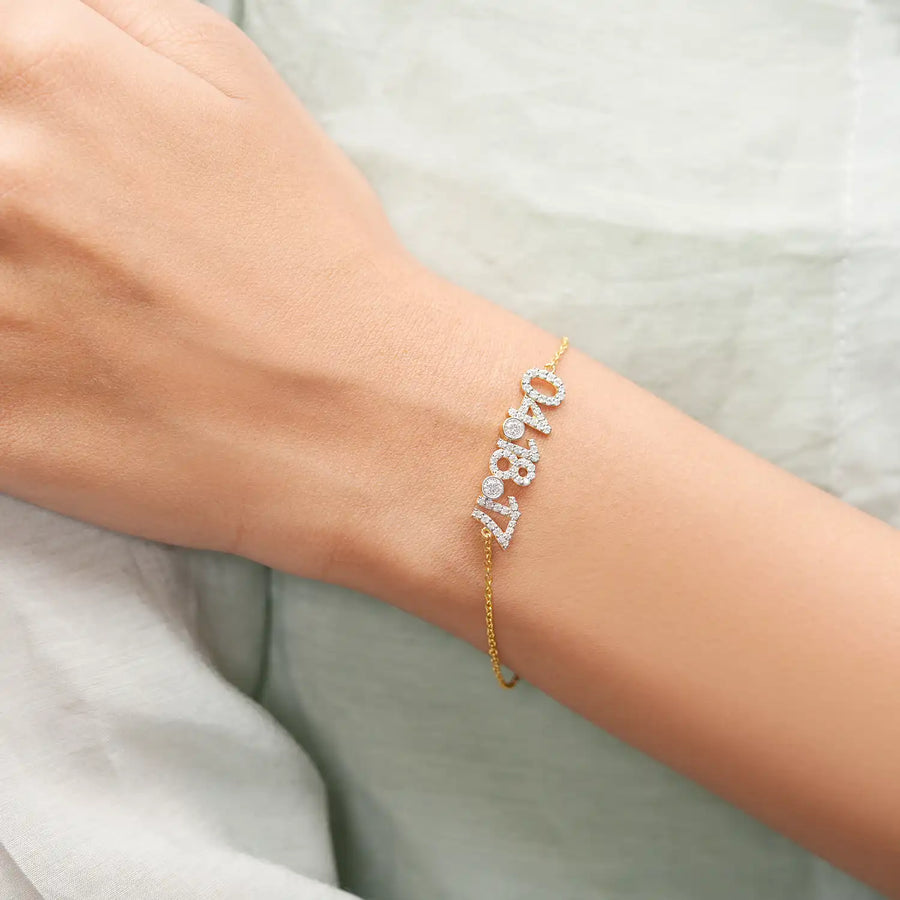 Custom date bracelet on wrist front angle