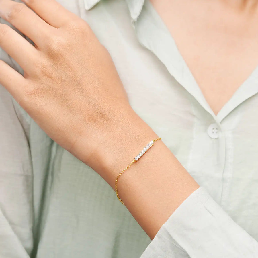 Model wearing diamond bar bracelet