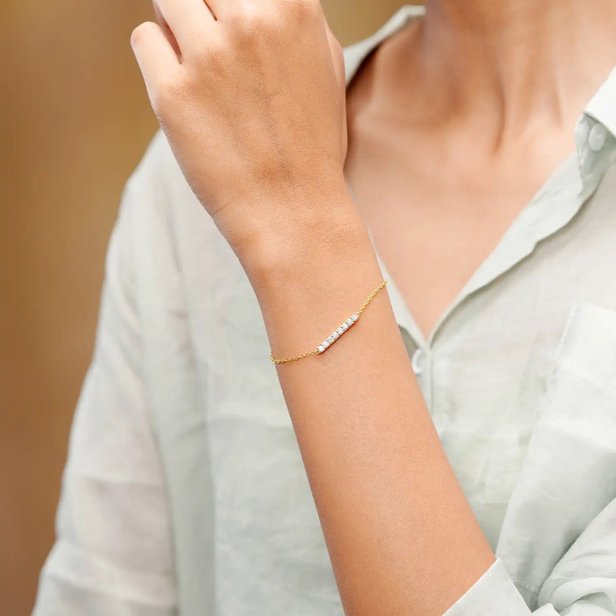 Model wearing diamond bar bracelet