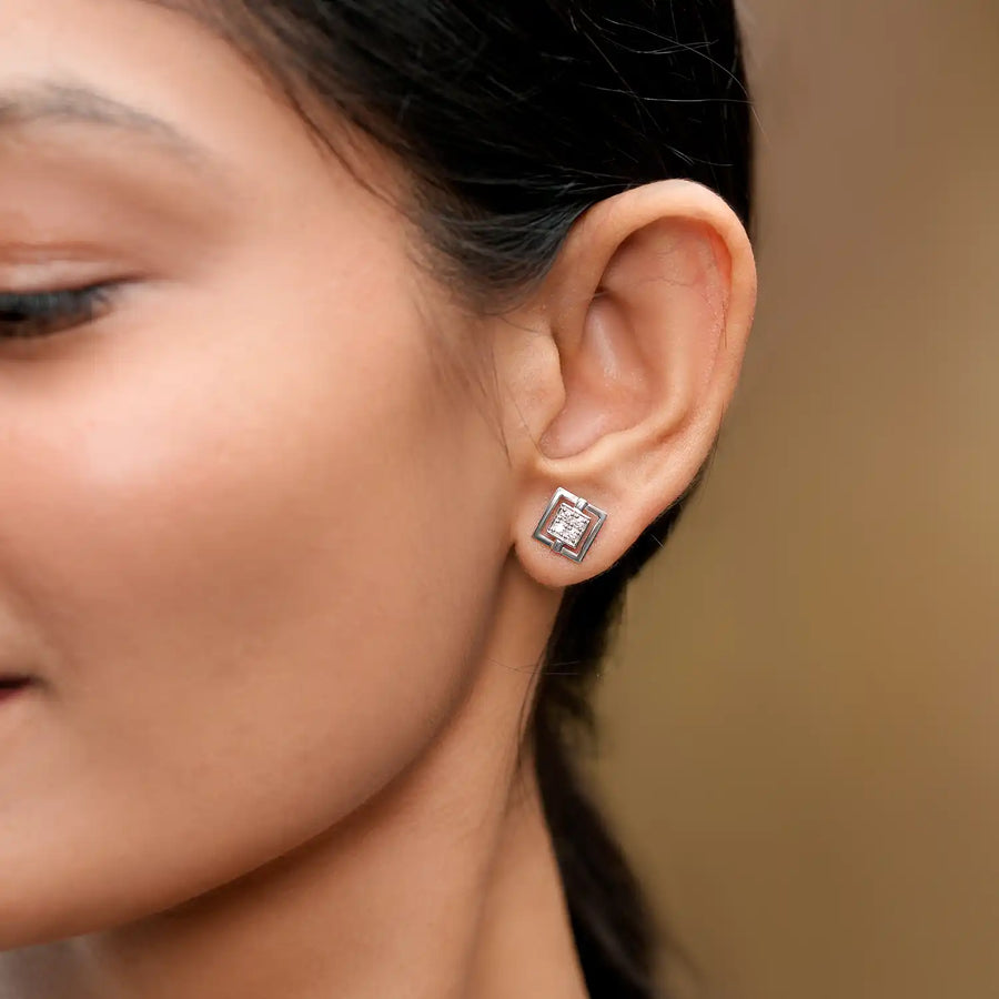 Lab-grown diamond square stud earrings yellow gold close-up