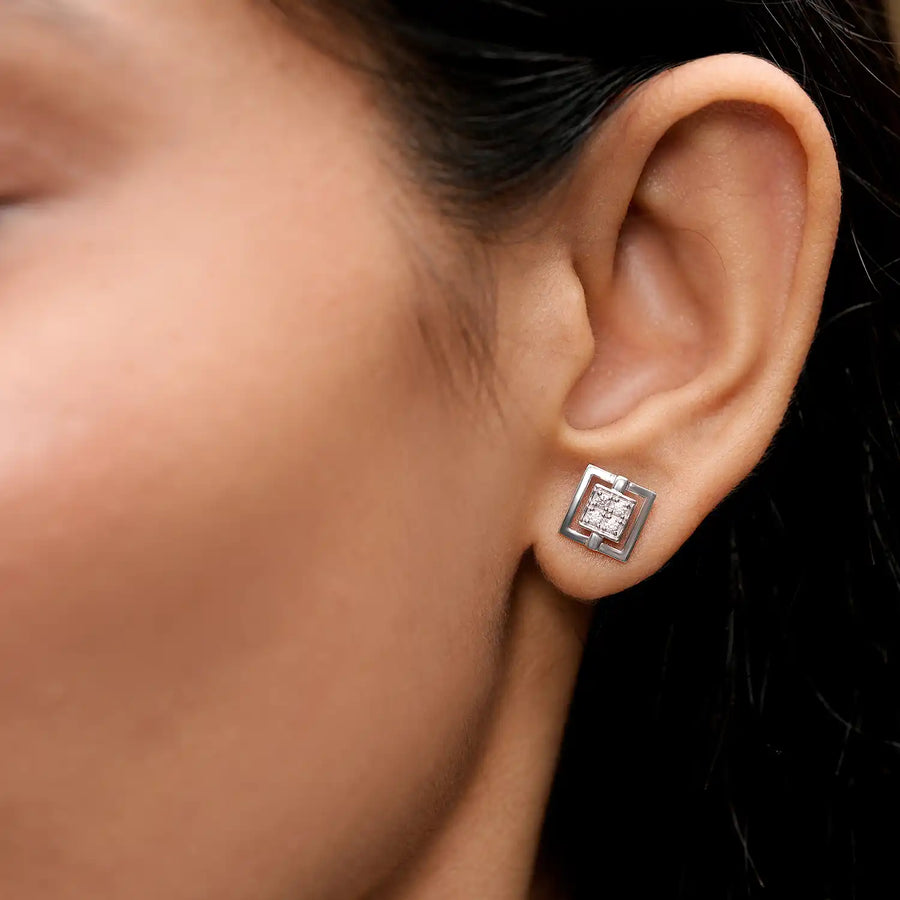 0.24 CT lab-grown diamond square stud earrings worn on ears