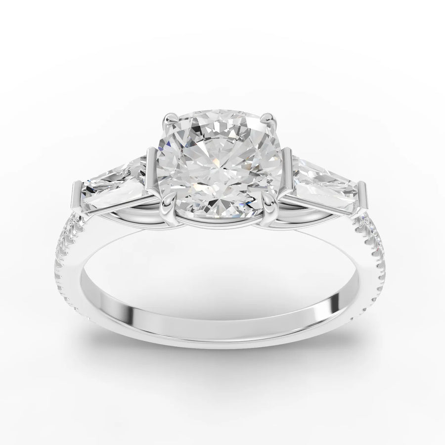 2.22 ct cushion three-stone pavé lab diamond ring in rose gold with 1.5 ct center stone and baguette accents