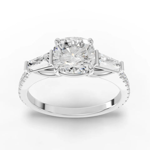 2.22 ct cushion three-stone pavé lab diamond ring in rose gold with 1.5 ct center stone and baguette accents