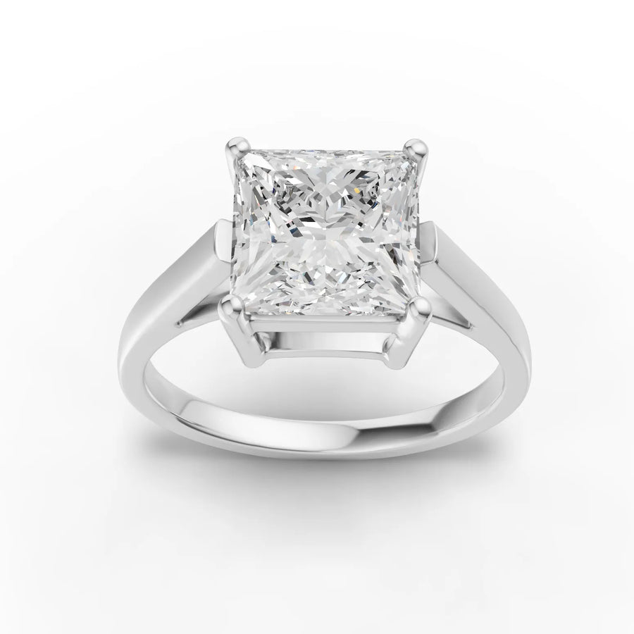 2 Ct princess solitaire lab diamond ring with square center stone, four-prong setting, and polished band