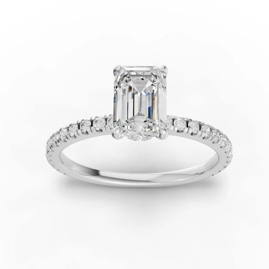 1.23 ct emerald hidden halo pavé lab diamond ring with 1.00 ct center stone in 18k gold