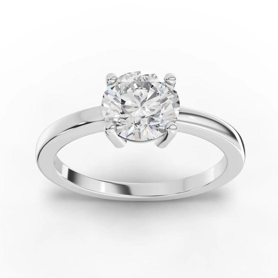 1.00 ct round solitaire lab diamond ring with four-prong setting and tapered polished band
