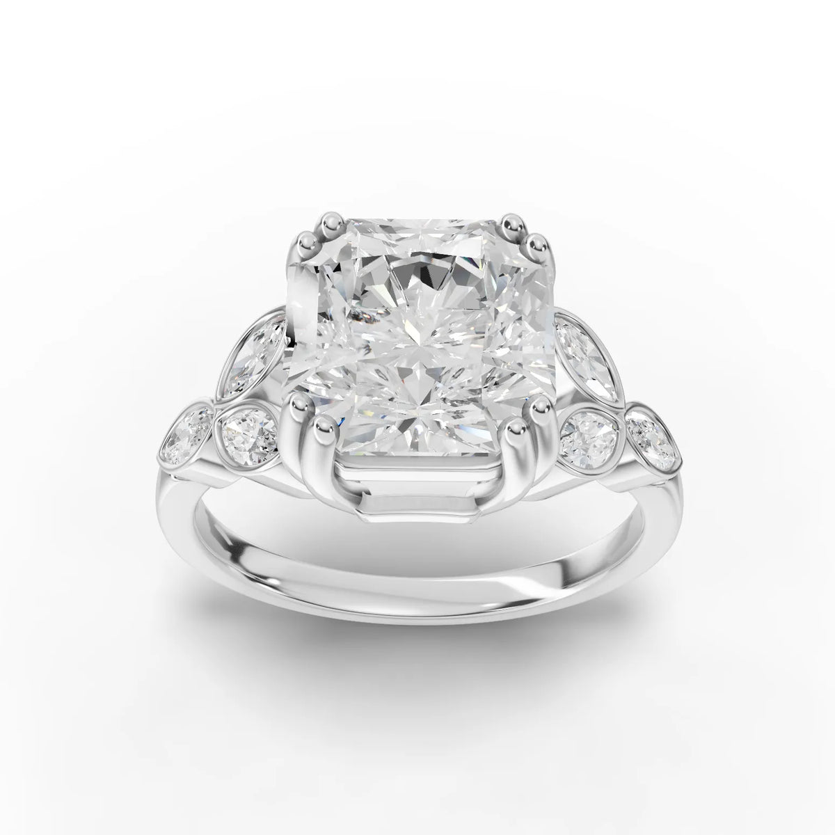Radiant Cut Lab Diamond Engagement Ring · Cluster Side Stones