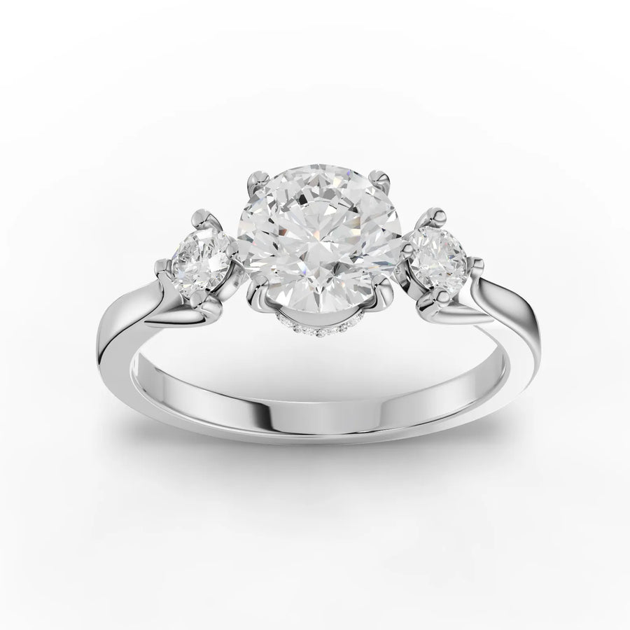 1.21 CT round three-stone lab grown diamond ring with 1.00 CT center stone and accented 18K gold band