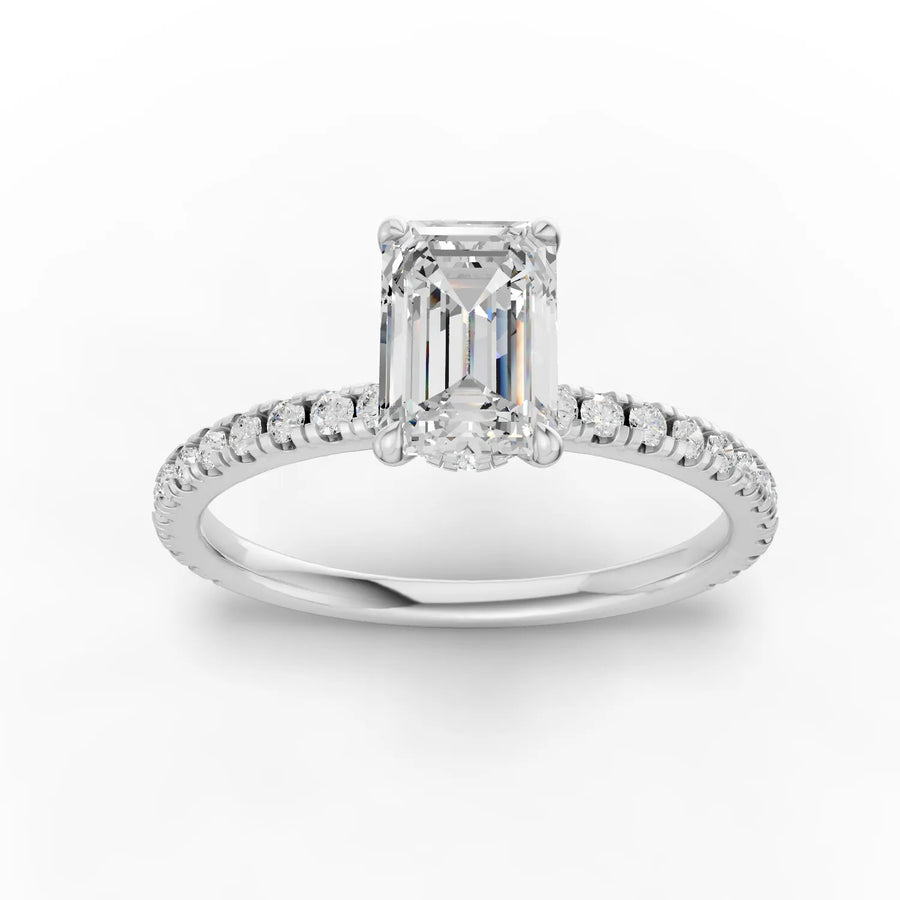 0.98 ct emerald hidden halo pavé lab diamond ring with 0.75 ct center stone in 18k gold