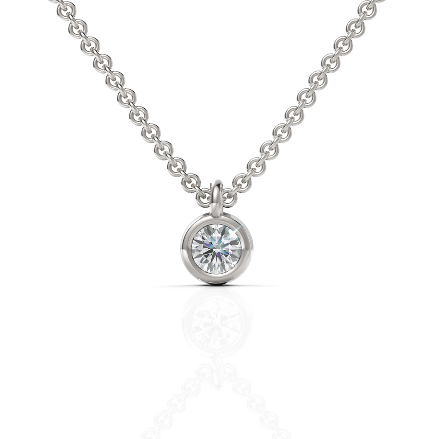 0.25 ct round bezel solitaire lab grown diamond pendant necklace in gold with a polished bezel setting