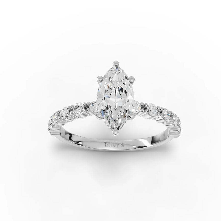 1.36 CT marquise lab diamond accent solitaire ring with 1 CT center, round side stones, and 18K gold band