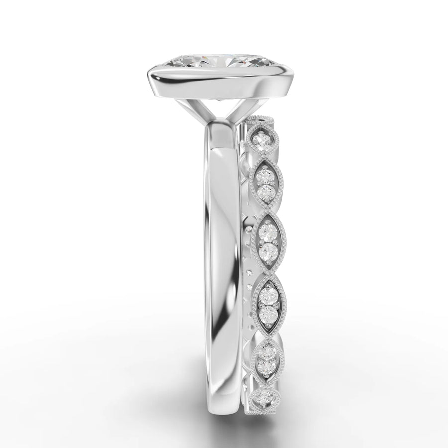 Oval lab-grown bezel ring white gold close-up