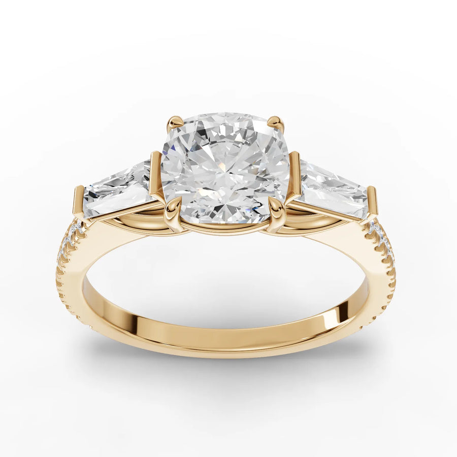 2.22 CT cushion trinity lab-grown diamond ring yellow gold top view