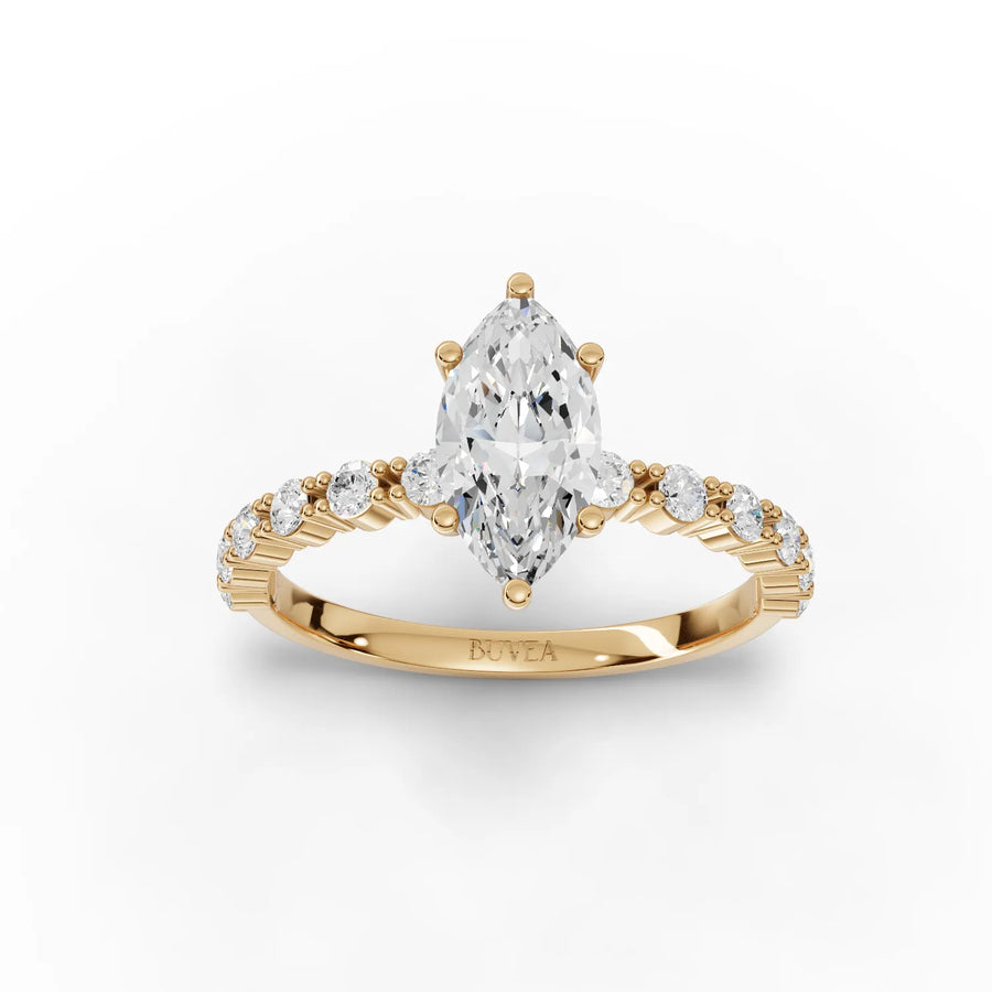 Marquise cut lab-grown diamond ring yellow gold top view