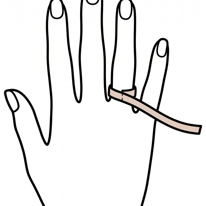 Thin paper strip wrapped around the base of a finger for ring sizing
