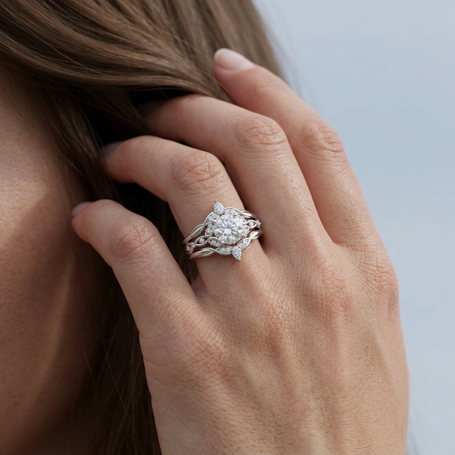 1.19 Ct Round Solitaire Halo With Side Band Set 1.00 Ct Center