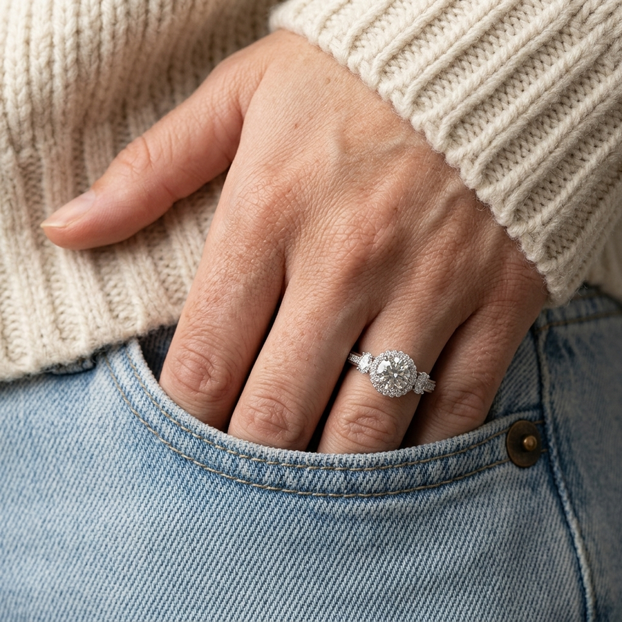 1.48 Ct Round Halo With Side Stone Ring 1.00 Ct Center
