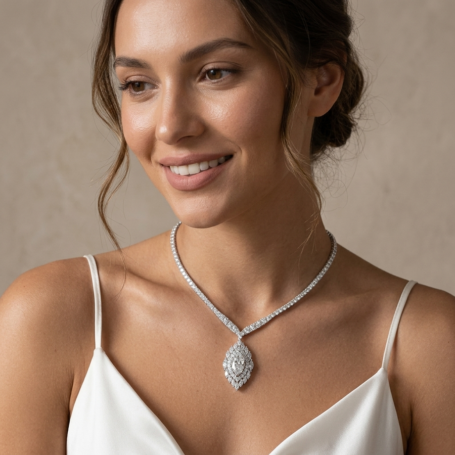 21.03 Ct Marquise Halo Drop Lab Diamond Necklace with Tennis Chain 5.00 Ct Center