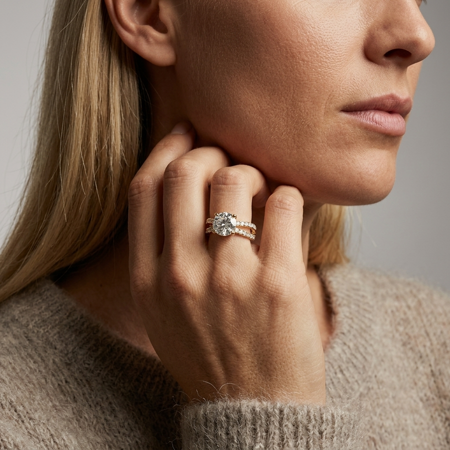 2.49 Ct Round Solitaire Double Pavé Ring 2.00 Ct Center