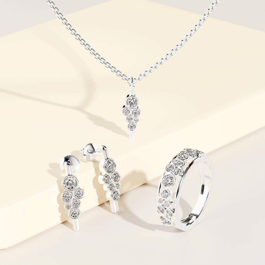 1.52 ct lab diamond cluster jewellery set with bezel pendant, drop earrings and bubble eternity band