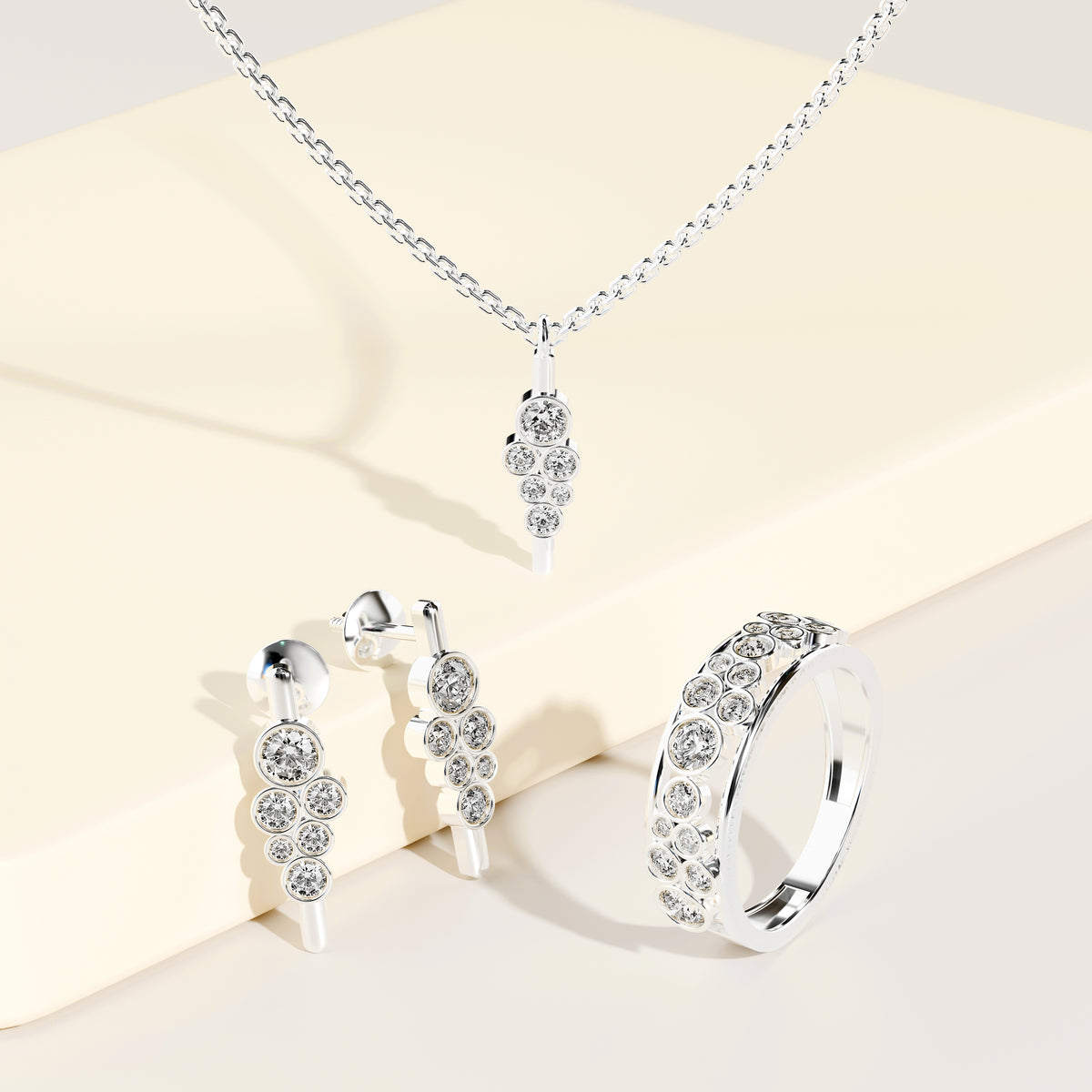 1.52 Ct Lab Diamond Cluster Jewelry Set with Pendant, Earrings & Eternity Band