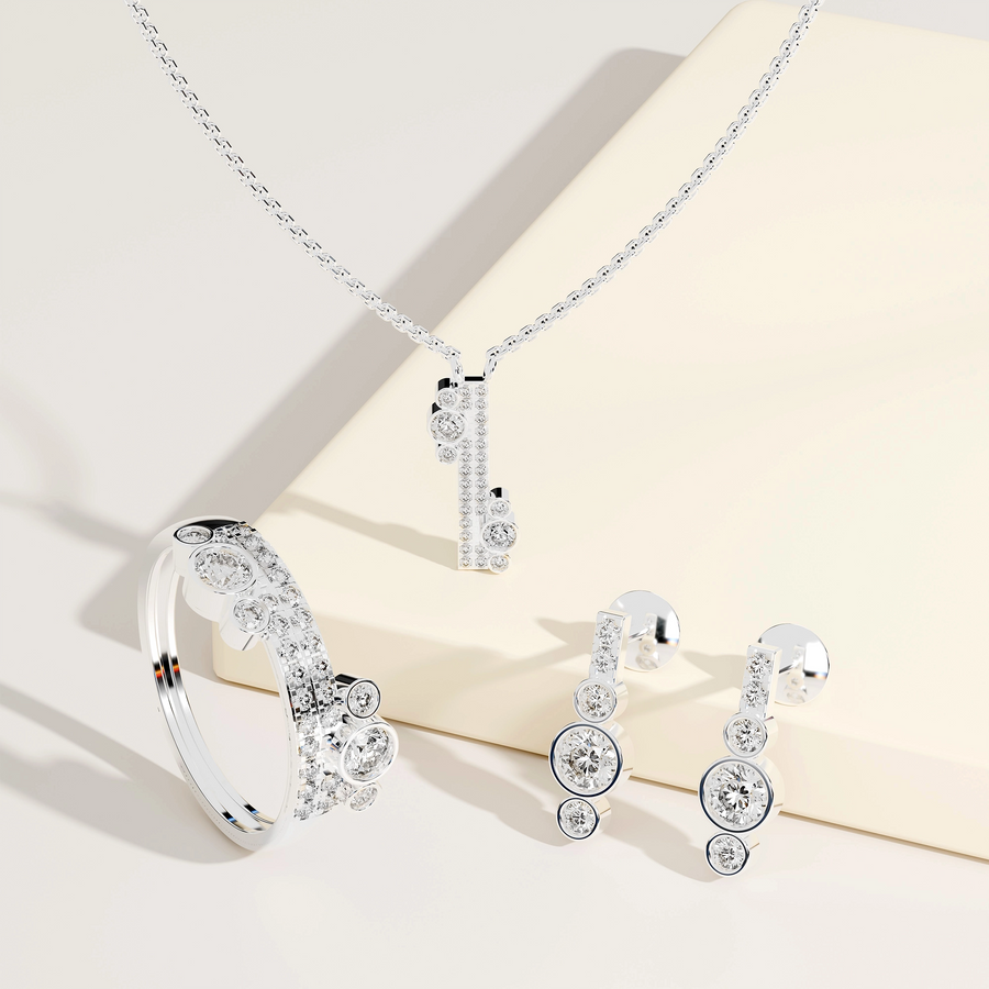 1.39 ct lab grown diamond jewellery set with round diamond pendant, pavé ring and matching earrings