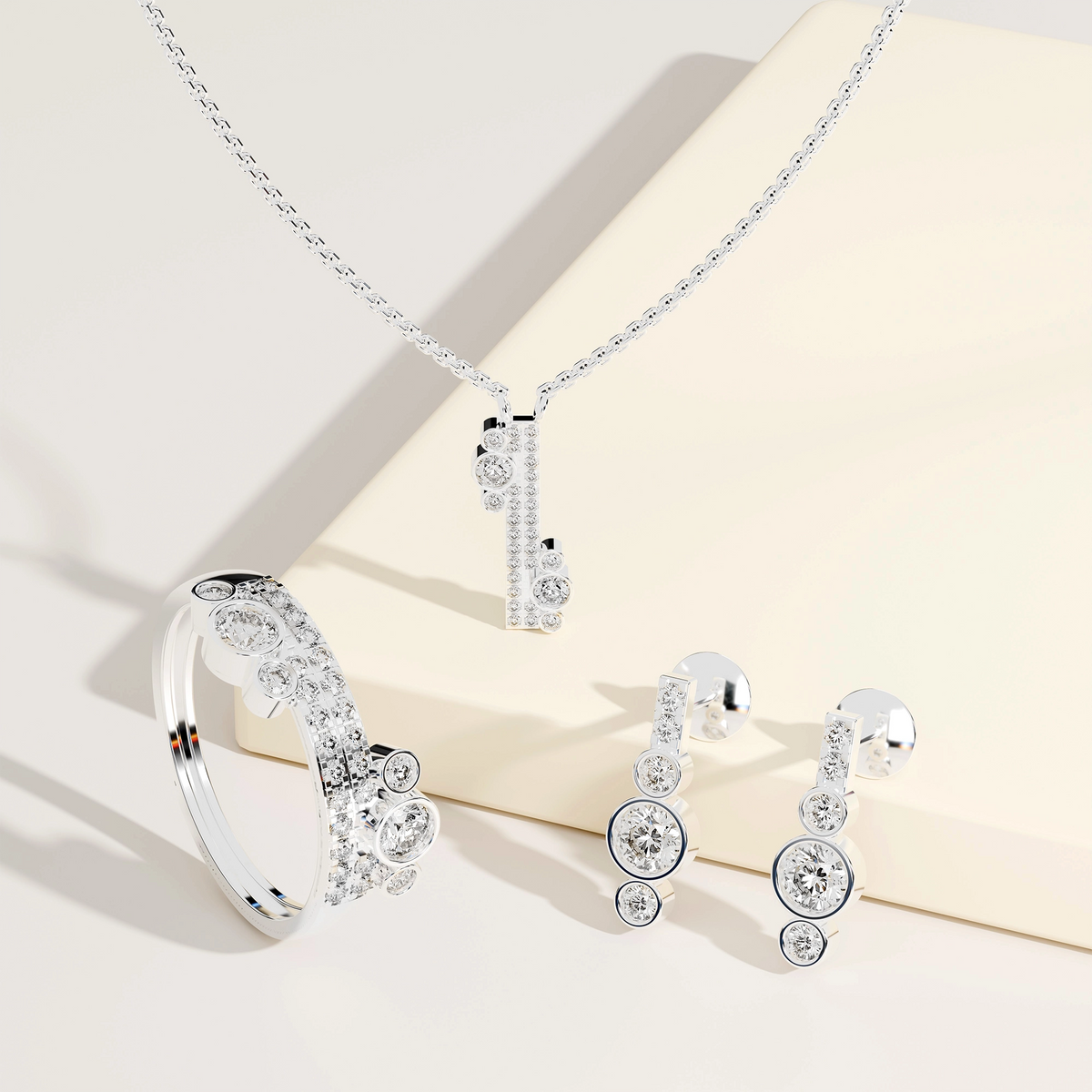 1.39 Ct Modern Lab Diamond Bar Jewelry Set with Pendant, Earrings & Pavé Ring