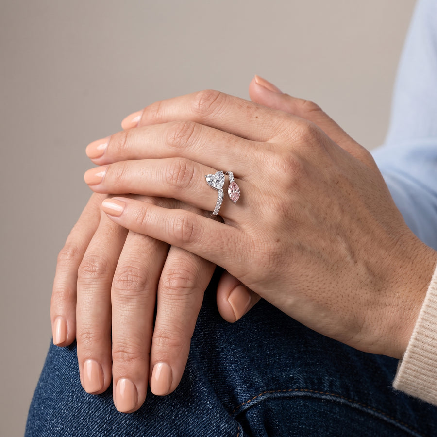 3.36 Ct Heart Marquise Toi et Moi Side Stone Ring