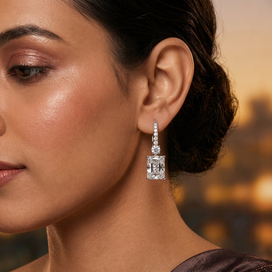 15.12 Ct Radiant Drop Earrings with Round Diamond Accent