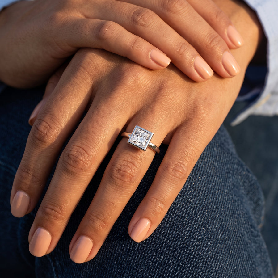 1.50 Ct Princess Bezel Solitaire Lab Diamond Ring
