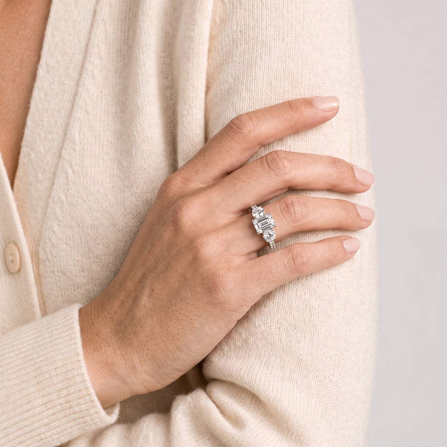 2.18 Ct Emerald Three-Stone Pavé Ring
