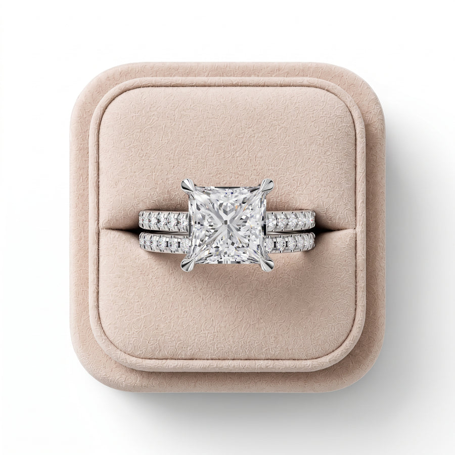 3.80 Ct Princess Hidden Halo Engagement Ring with Pavé Band