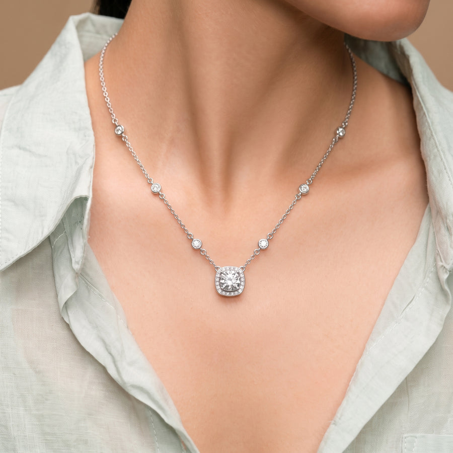 4.36 Ct Cushion Halo Station Necklace