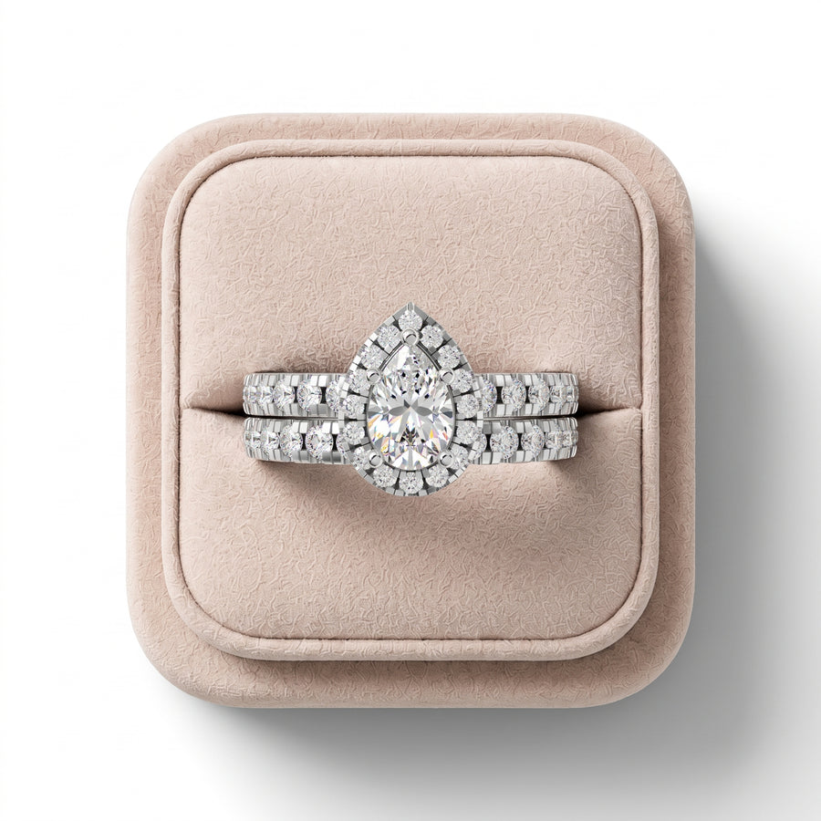 1.02 Ct Pear Halo Lab Diamond Double Band Ring Set