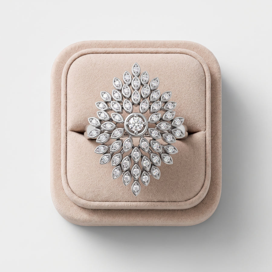 A 0.24 CT round cluster lab diamond ring featuring a central round diamond surrounded by smaller round stones in a floral design.