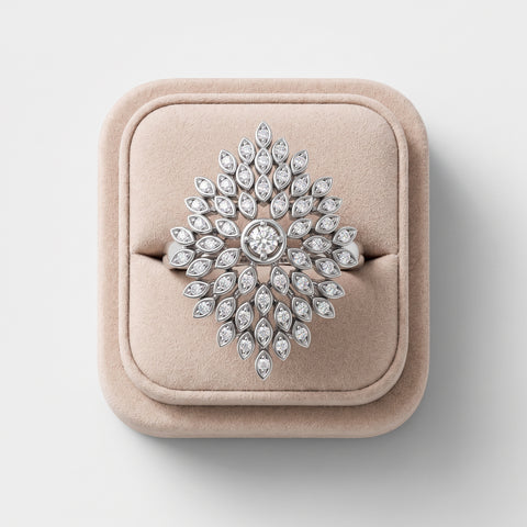 A 0.24 CT round cluster lab diamond ring featuring a central round diamond surrounded by smaller round stones in a floral design.